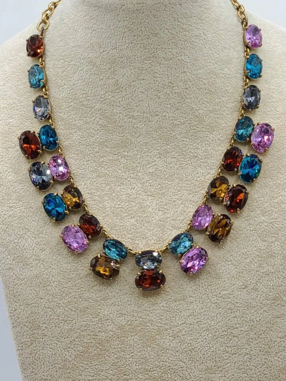 J Crew Multi Color Crystal Gold Tone Statement Necklace